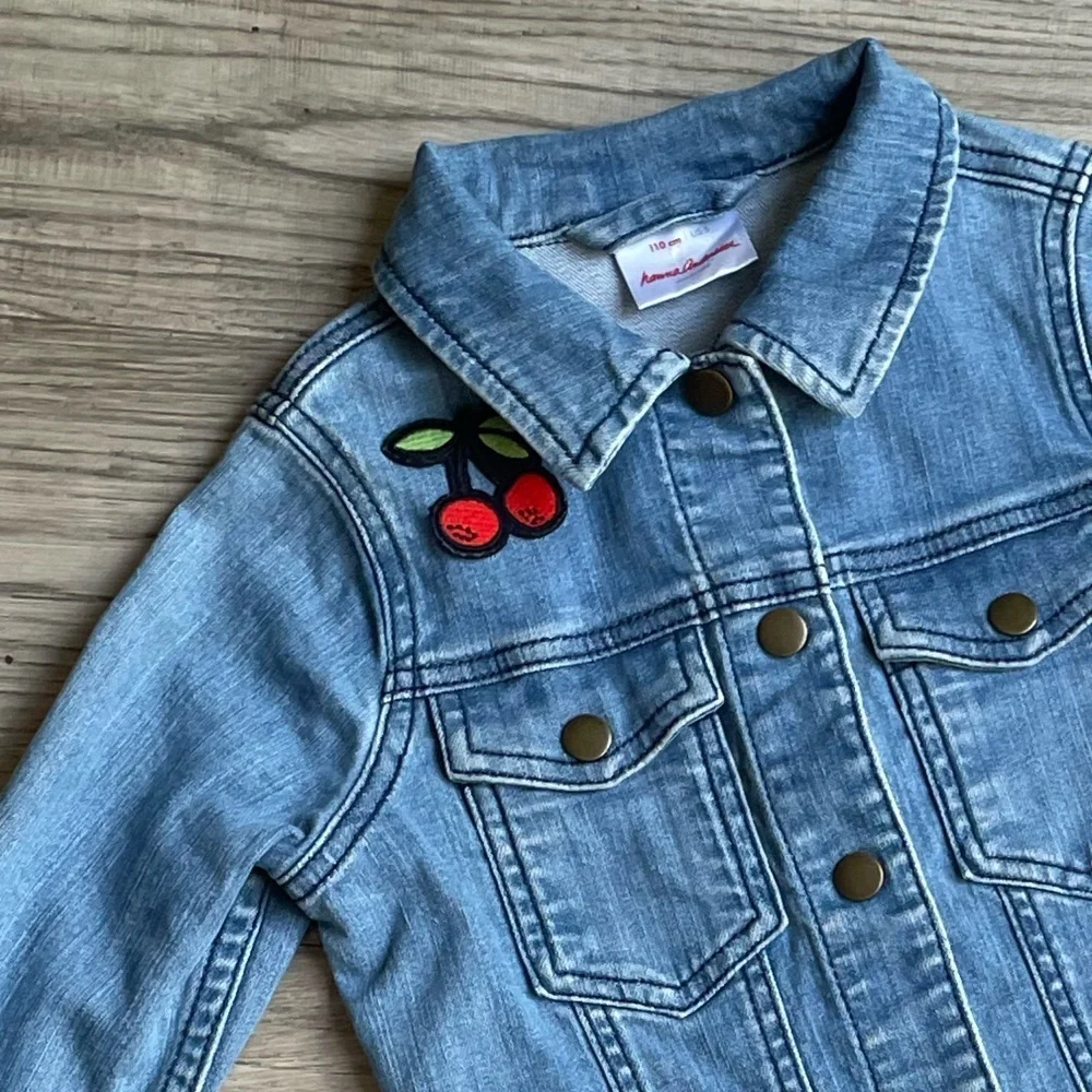 Hanna Anderson Kids Jean Jacket With Colorful Fruit Patches On Front/Back SZ 5
